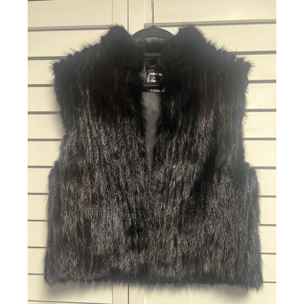 VTG Saga Genuine Mink Black Murano Fur Vest M Sleeveless Lined Hook & Eye Short
